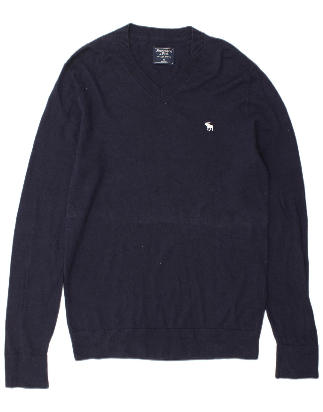 Suéter masculino Abercrombie & Fitch com decote em V de lã azul marinho médio