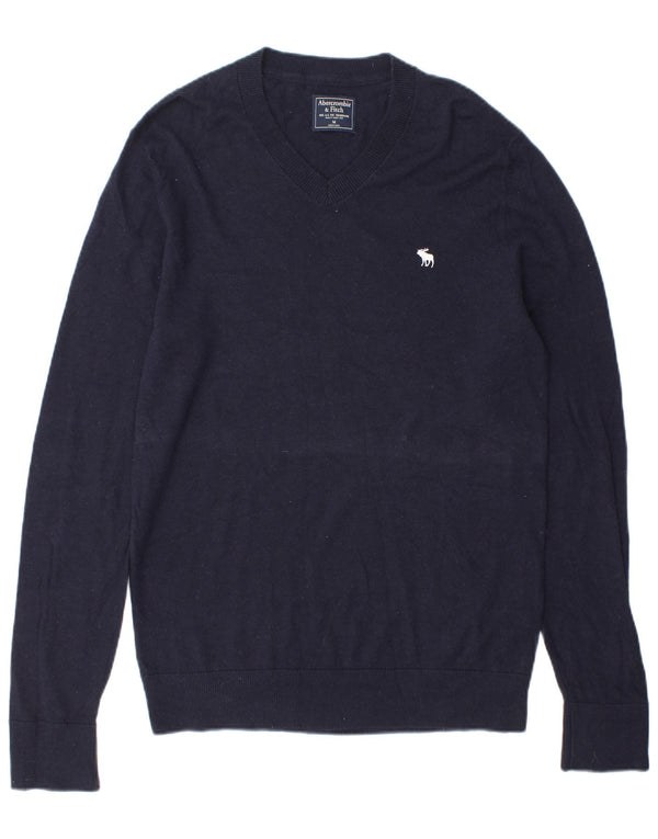 Suéter masculino Abercrombie & Fitch com decote em V de lã azul marinho médio