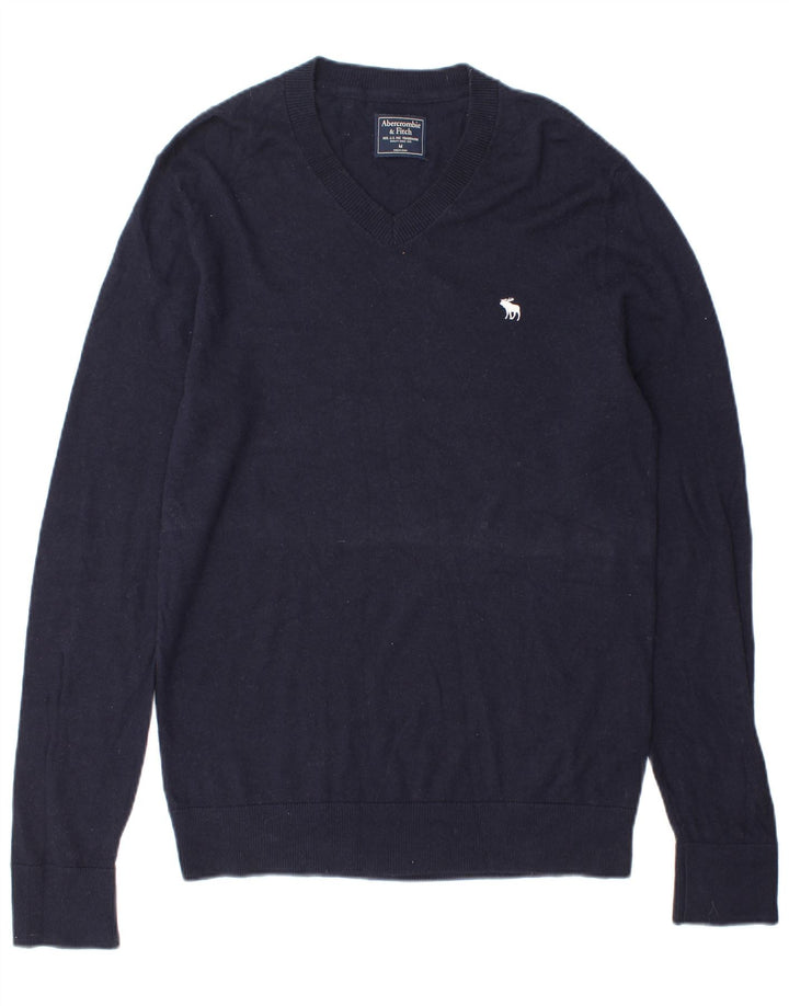 Suéter masculino Abercrombie & Fitch com decote em V de lã azul marinho médio