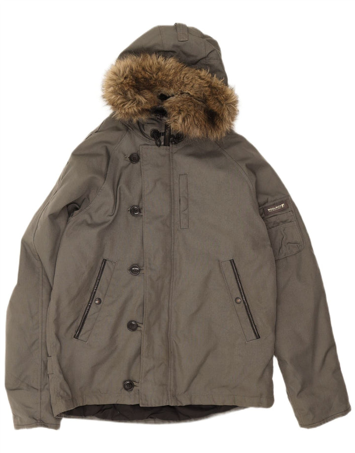 Jaqueta corta-vento masculina Woolrich com capuz UK 40 grande cinza
