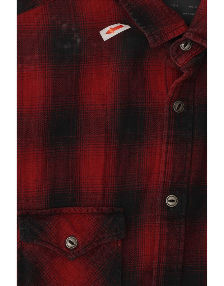 Zara Camisa masculina sem mangas de flanela regular fit médio xadrez vermelho
