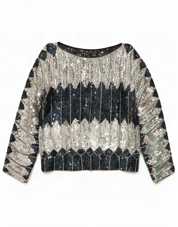 Blusa feminina vintage de lantejoulas UK 20 2XL bloco colorido multicolorido