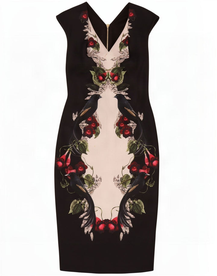 Vestido bodycon feminino sem mangas Ted Baker tamanho 2 pequeno preto floral
