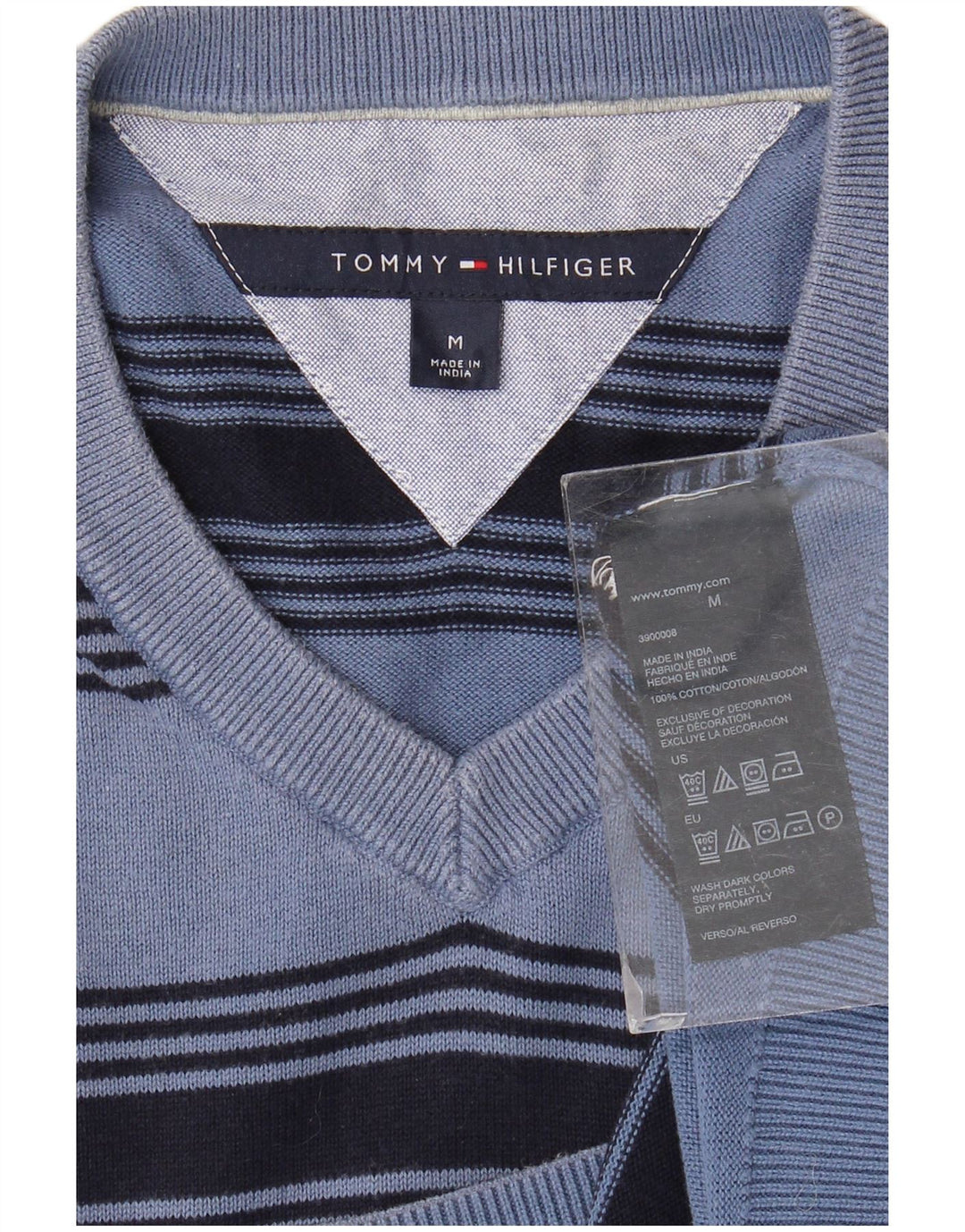 Suéter masculino TOMMY HILFIGER com decote em V de algodão listrado azul médio
