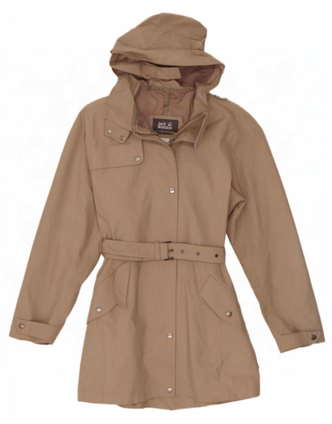 Casaco impermeável feminino com capuz Jack Wolfskin Reino Unido 8/10 poliéster bege pequeno