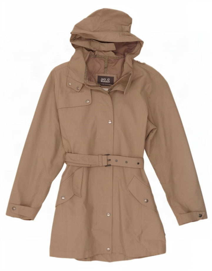 Casaco impermeável feminino com capuz Jack Wolfskin Reino Unido 8/10 poliéster bege pequeno