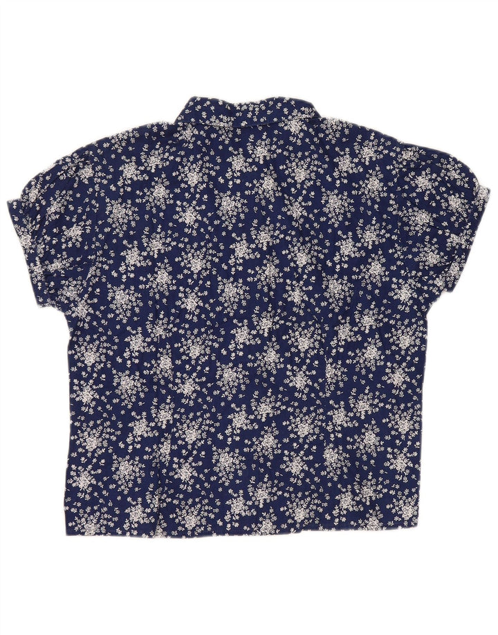 Blusa feminina SISLEY manga curta curta Reino Unido 14 grande azul marinho floral