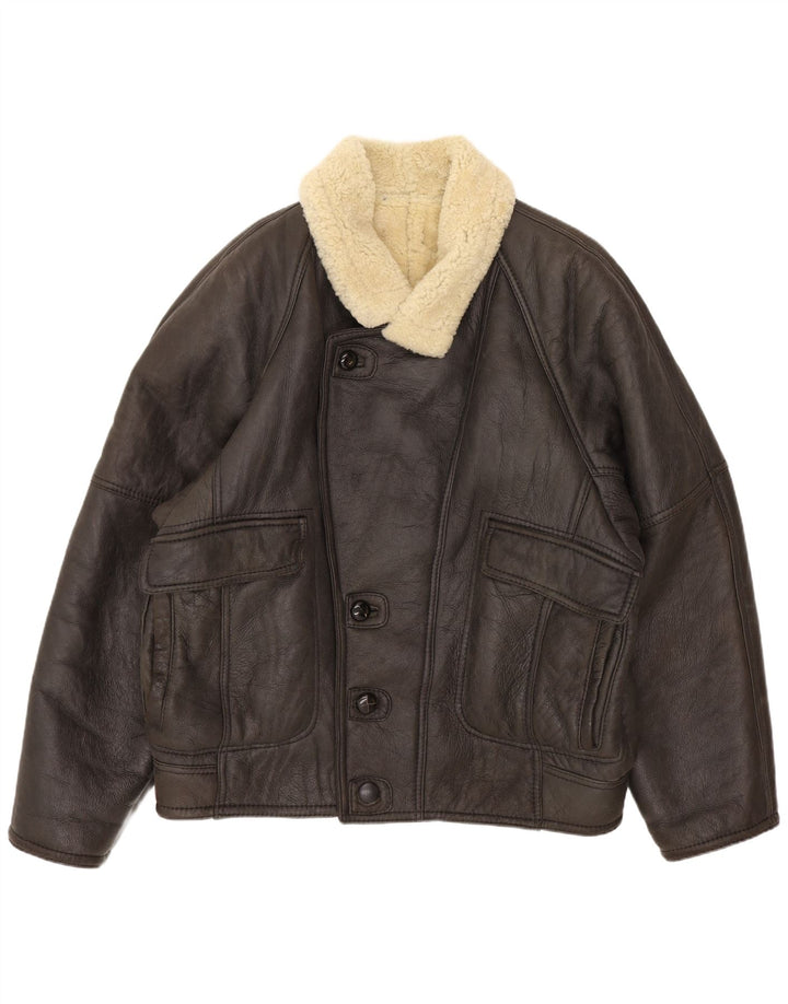 Jaqueta masculina vintage shearling IT 52 XL couro marrom