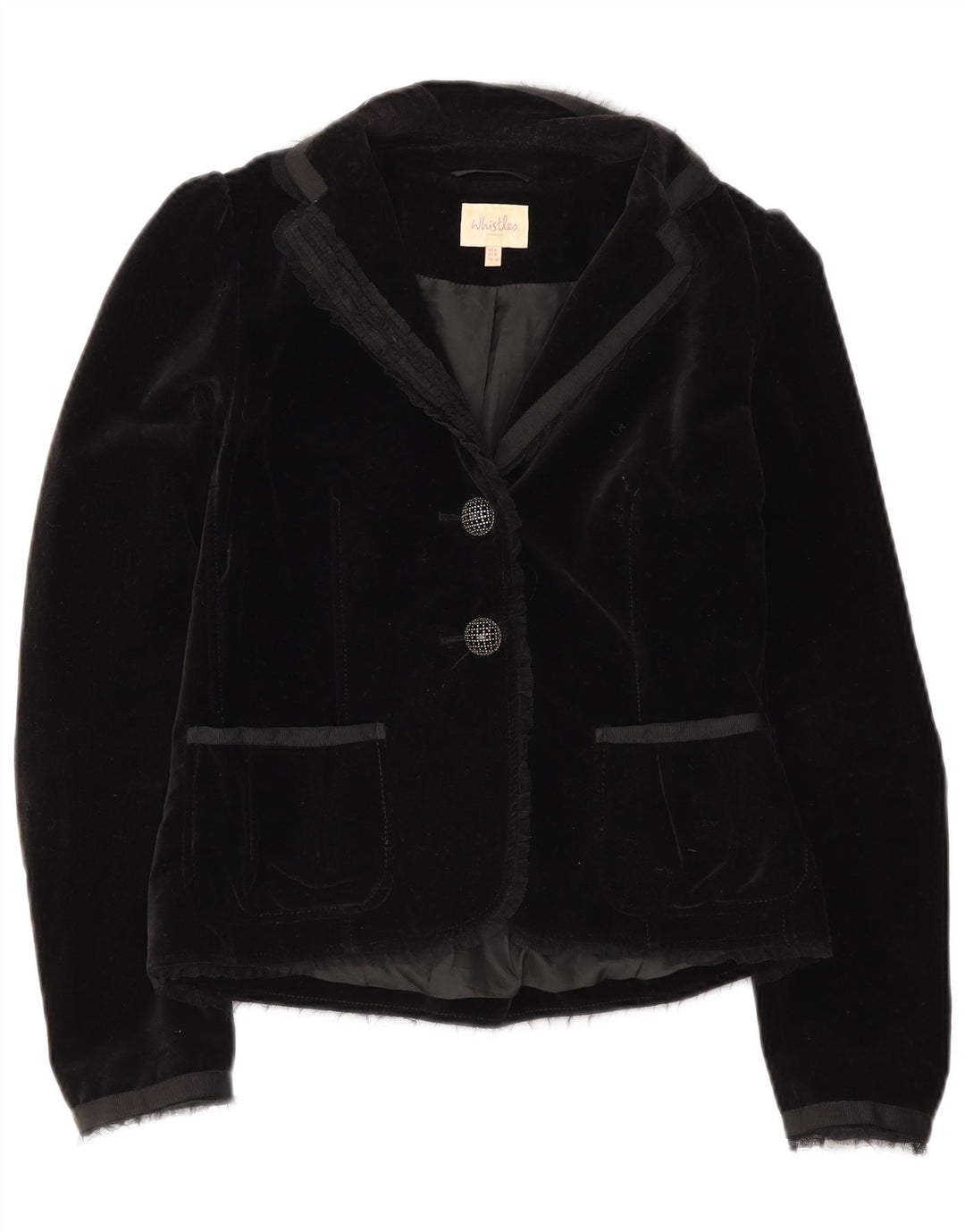 Jaqueta blazer feminina de veludo com 2 botões da Whistles Reino Unido 8 algodão preto pequeno