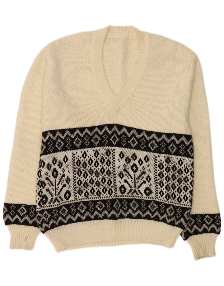 Suéter masculino vintage com decote em V médio branco geométrico