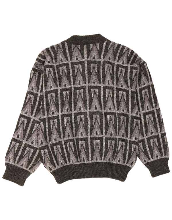 Suéter cardigã masculino vintage IT 54 XL lã geométrica cinza