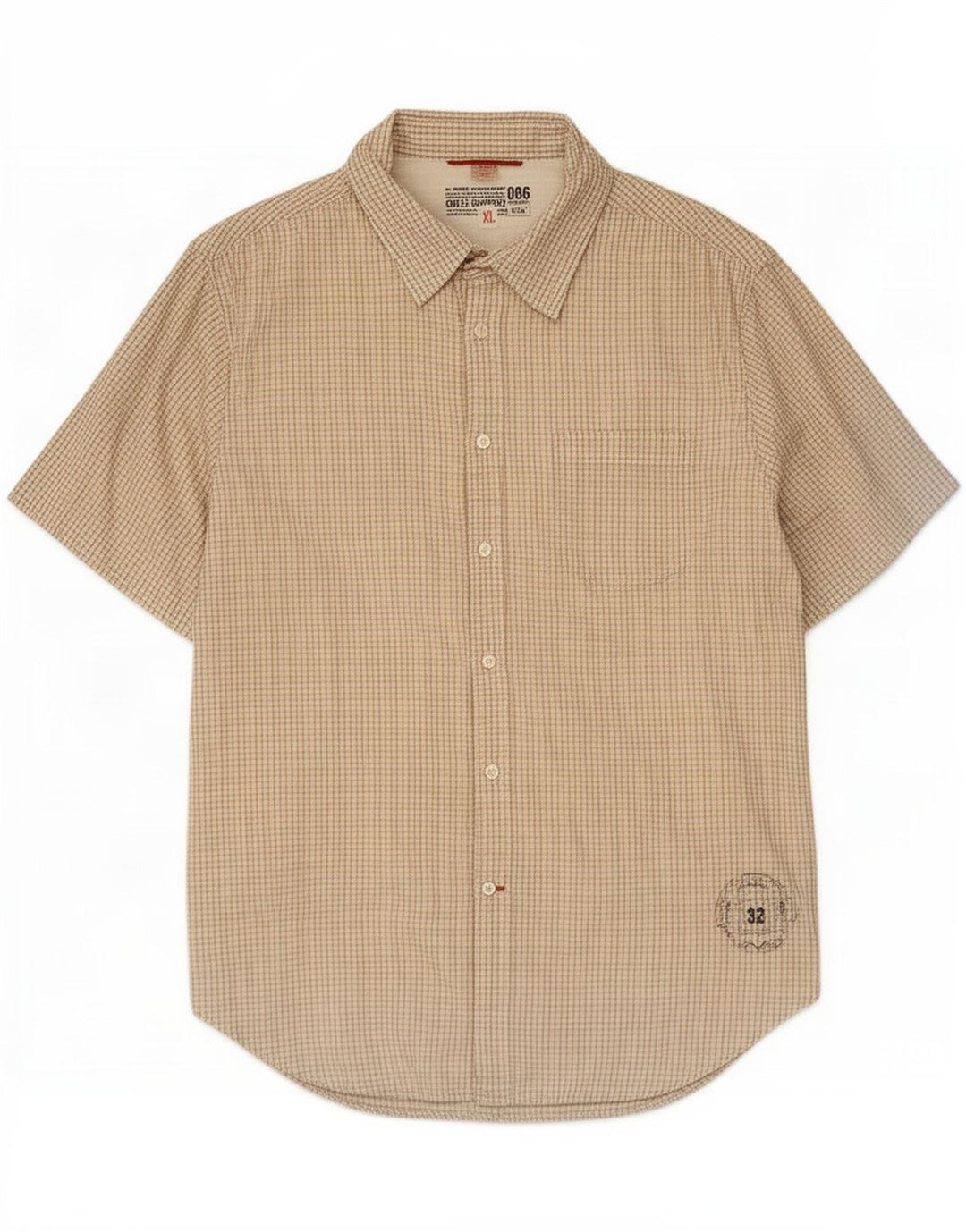 Guess Camisa masculina de manga curta XL bege algodão guingão