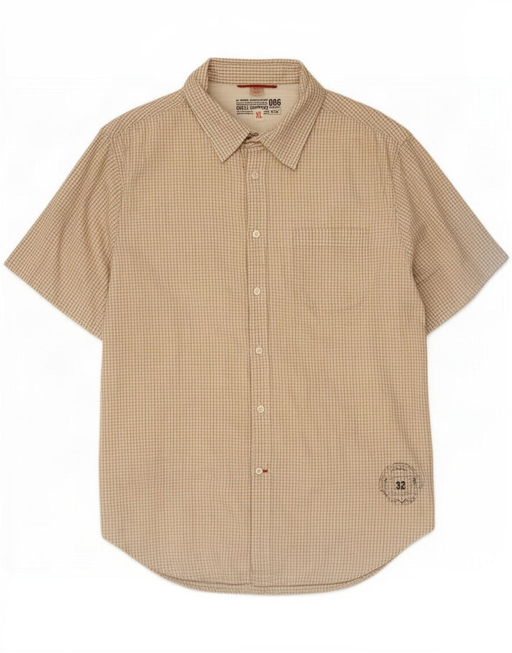 Guess Camisa masculina de manga curta XL bege algodão guingão