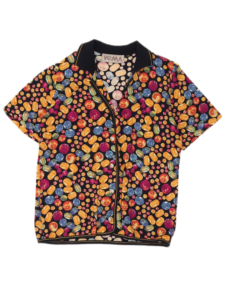 Blusa feminina vintage de manga curta UK 14 média multicolorida manchada