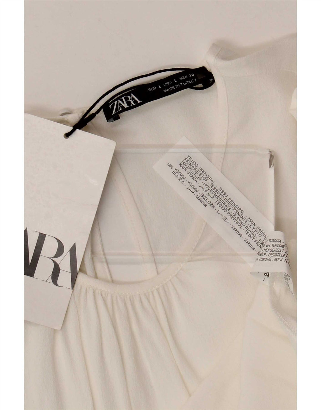 Zara blusa feminina manga 3/4 top UK 14 grande viscose branca
