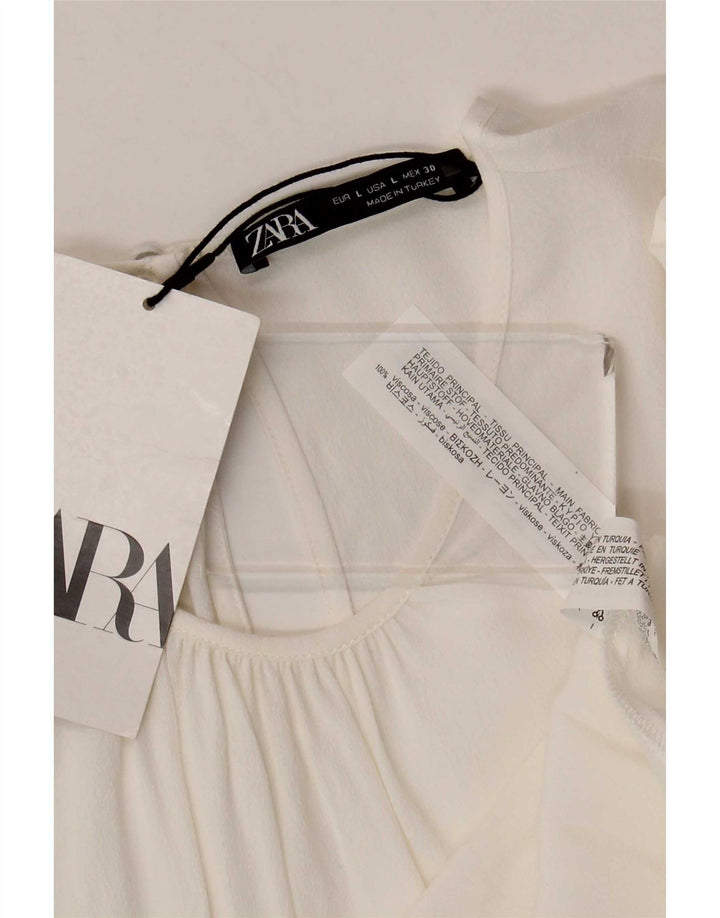 Zara blusa feminina manga 3/4 top UK 14 grande viscose branca