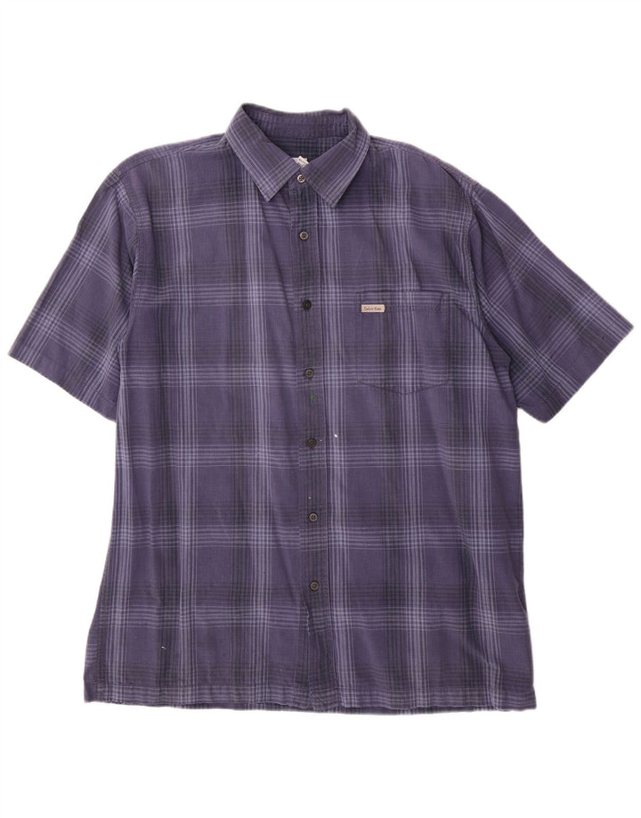 Calvin Klein Jeans Camisa masculina de manga curta grande algodão xadrez azul