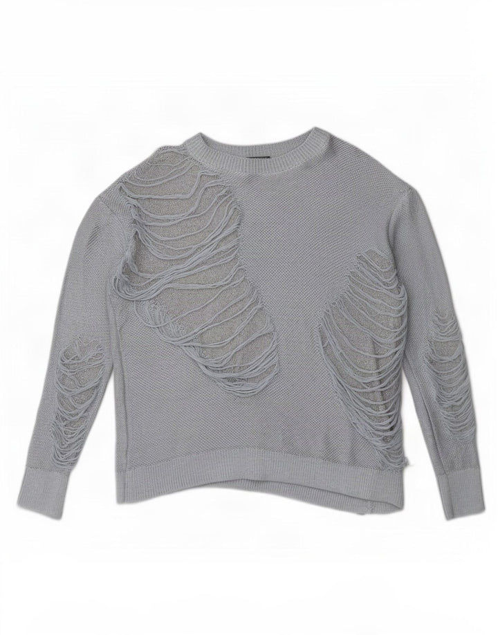Suéter feminino Zara com gola canoa grande e desgastado Reino Unido 10 pequeno azul