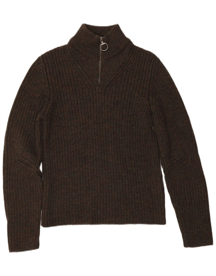 Suéter feminino PRADA com zíper e gola IT 48 XL lã virgem marrom