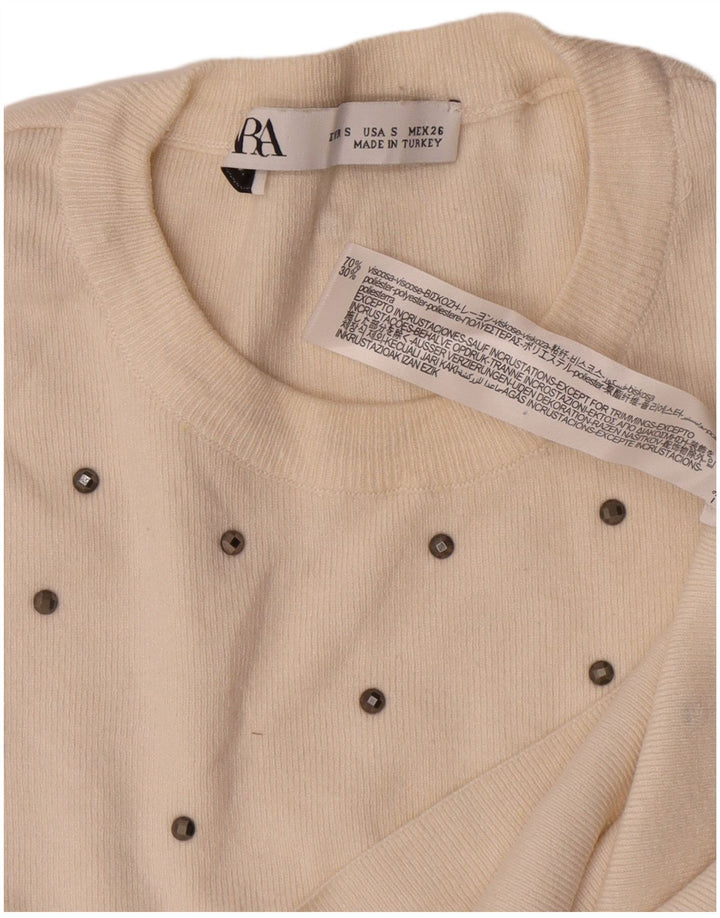 Top feminino Zara manga comprida UK 10 pequeno off white manchado viscose
