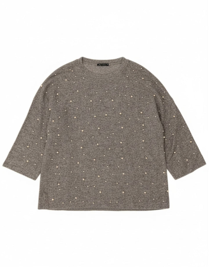 Zara Suéter feminino oversized com gola redonda Reino Unido 14 cinza médio
