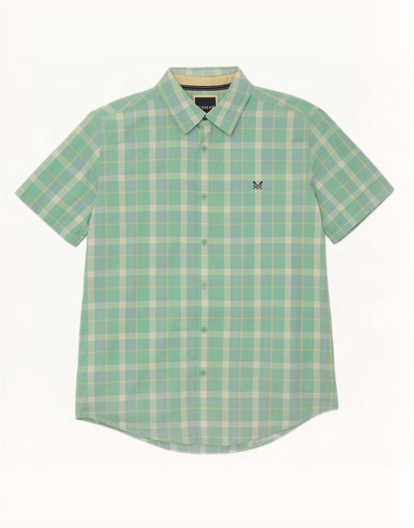 Crew Clothing Mens Camisa de manga curta Slim Fit Grande algodão xadrez verde