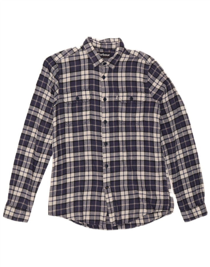 Camisa masculina Barbour de flanela sob medida, pequena, azul marinho, xadrez, algodão