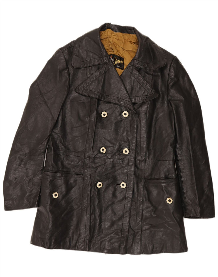 Jaqueta feminina de couro com peito duplo VINTAGE Reino Unido 12 médio preto