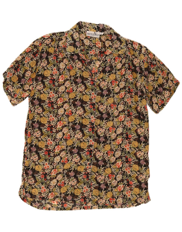 Blusa feminina vintage de manga curta UK 16 grande floral multicolorida