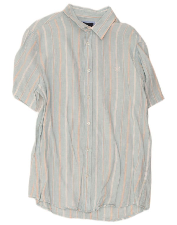 Crew Clothing Camisa masculina de manga curta grande linho listrado azul