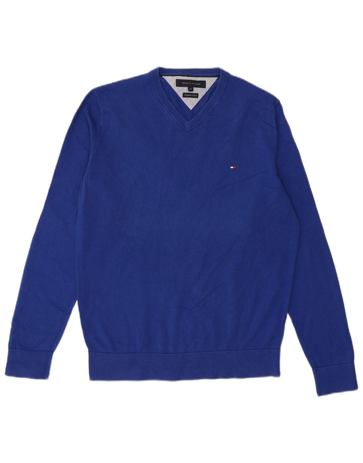 Suéter masculino TOMMY HILFIGER com decote em V de algodão azul médio