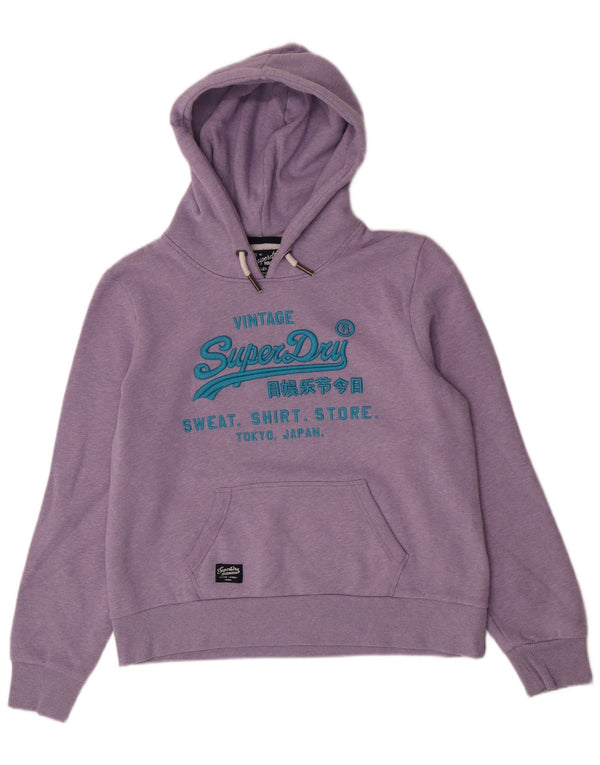 Suéter com capuz gráfico feminino Superdry UK 16 grande algodão manchado roxo