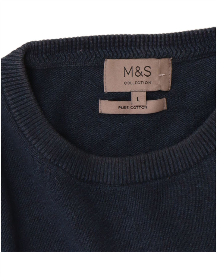 Suéter masculino Marks & Spencer com gola redonda, grande algodão azul marinho