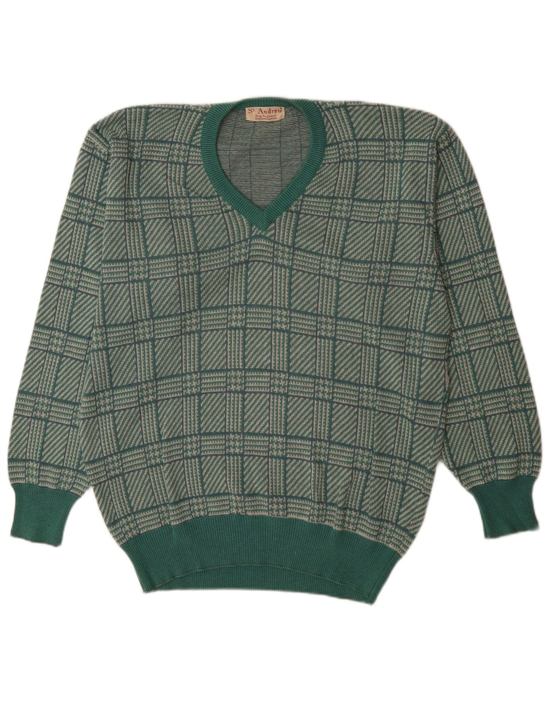 Suéter masculino St. Andrews com decote em V, grande, verde, houndstooth