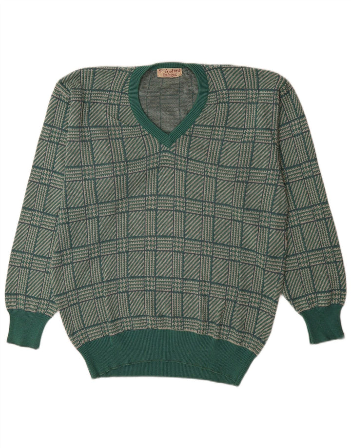 Suéter masculino St. Andrews com decote em V, grande, verde, houndstooth