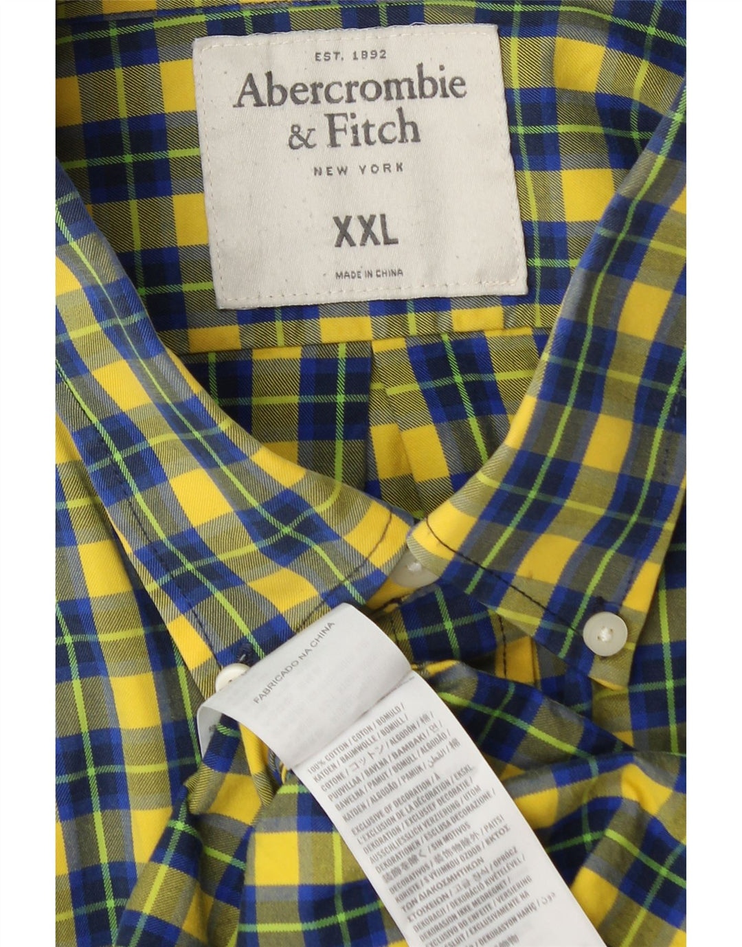 Camisa muscular masculina ABERCROMBIE & FITCH 2XL algodão xadrez amarelo