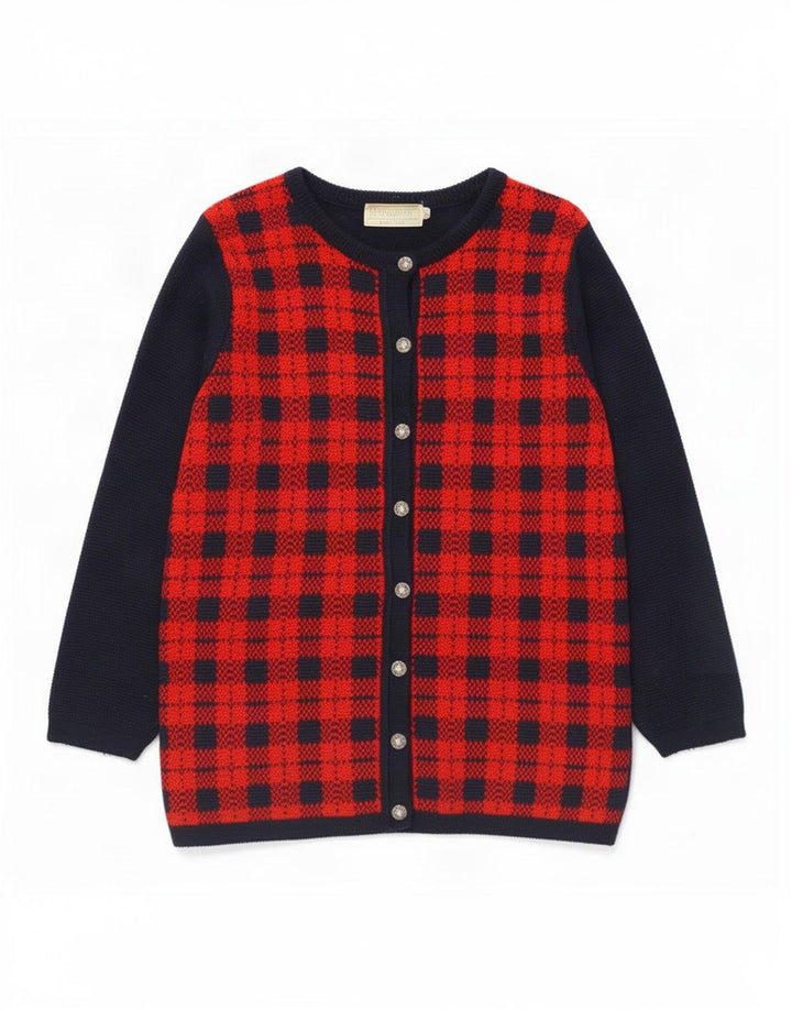 Suéter cardigã feminino Edinburgh UK 14 lã xadrez azul marinho médio
