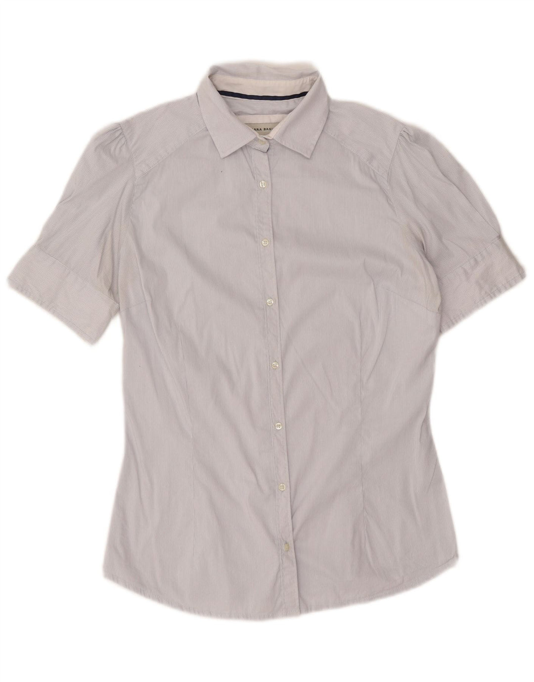 Camisa feminina de manga curta Zara UK 14 risca de giz branca média