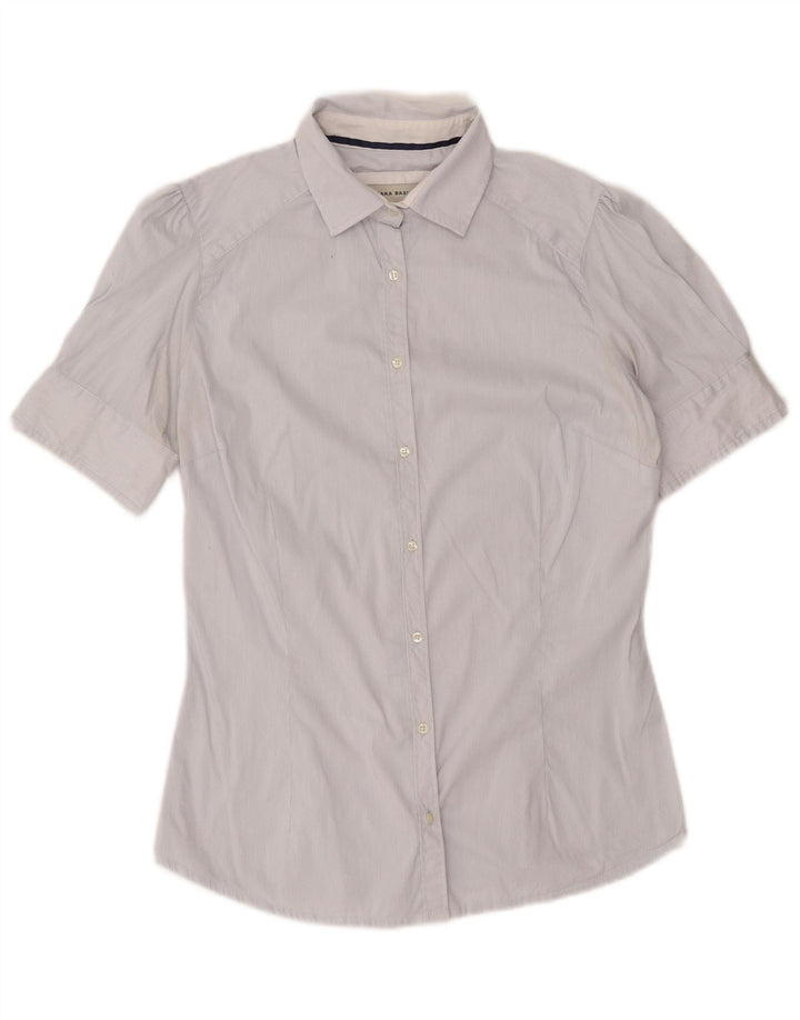 Camisa feminina de manga curta Zara UK 14 risca de giz branca média