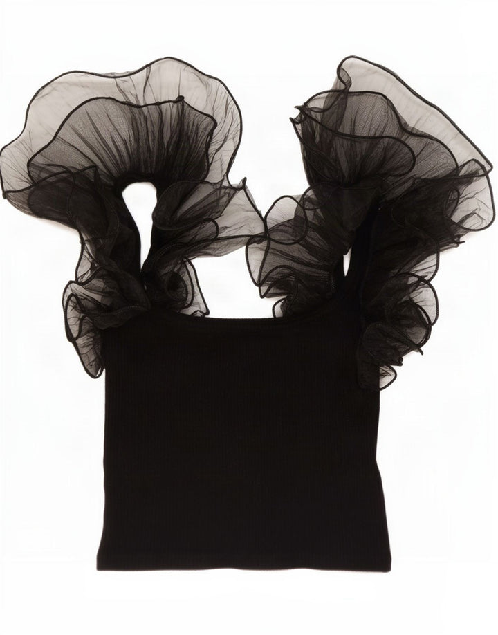 Zara Womens Ruffle Front Crop Top Reino Unido 12 Médio Preto