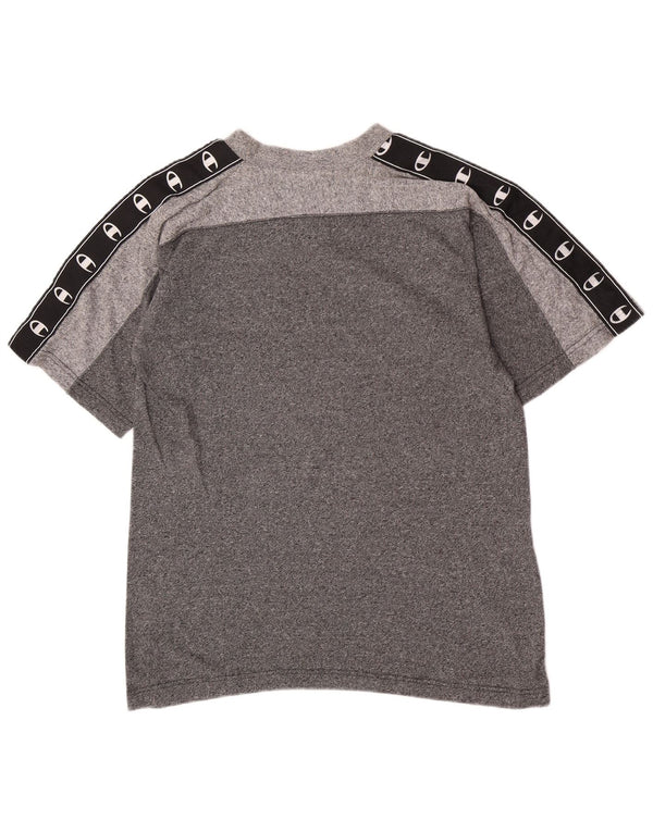 Camiseta masculina com estampa gráfica Champion pequeno algodão colorblock cinza