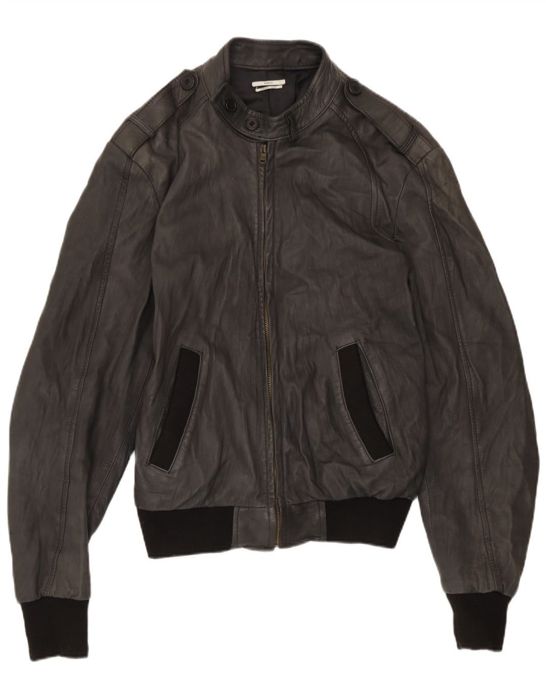 Jaqueta masculina de couro militar Sasch UK 40 grande preta