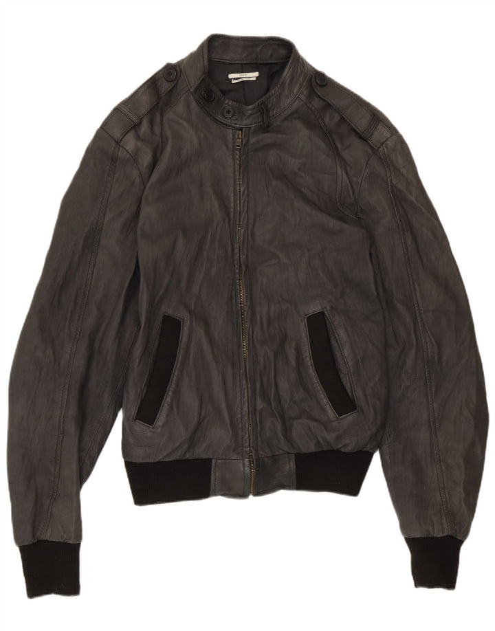 Jaqueta masculina de couro militar Sasch UK 40 grande preta