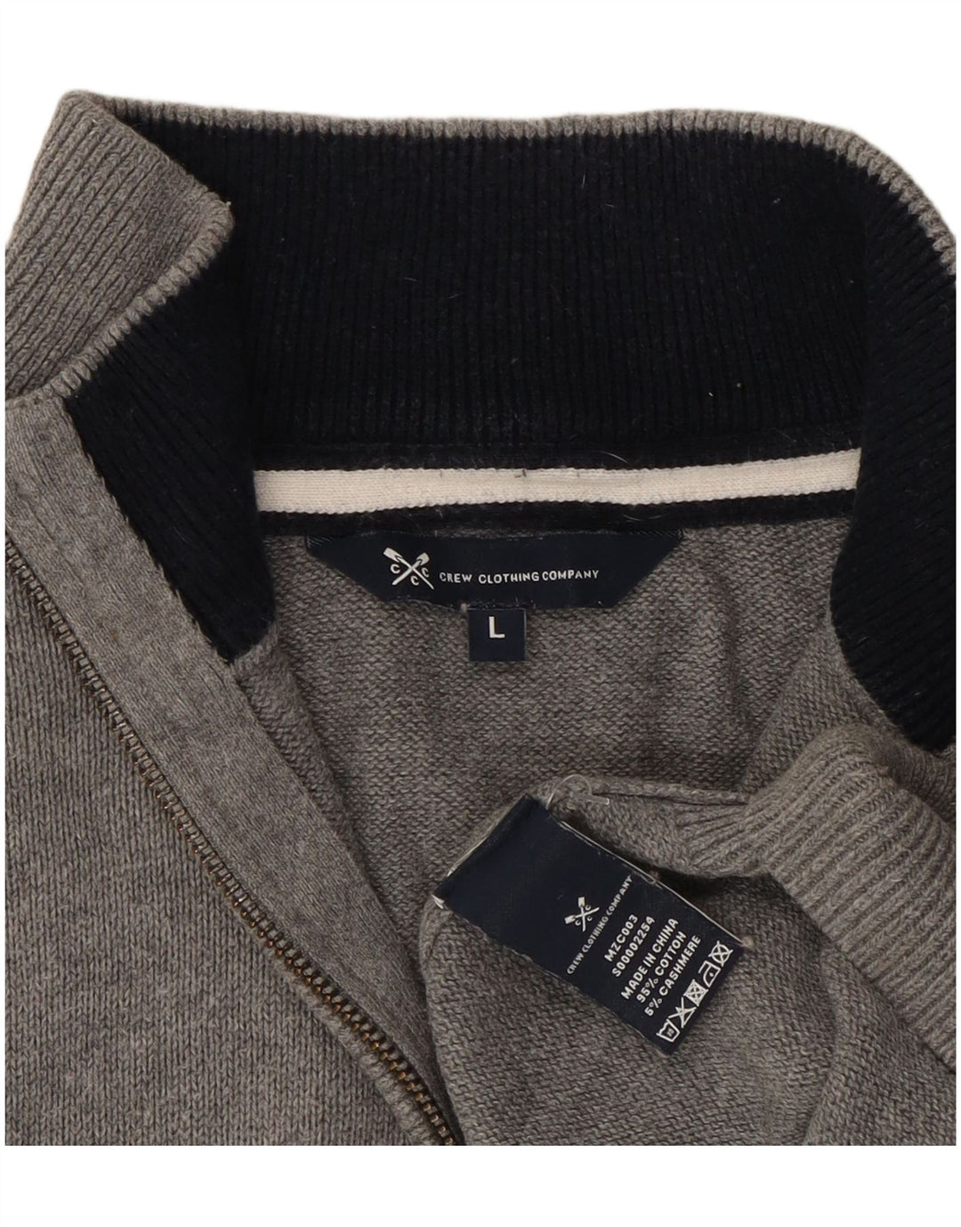 Suéter masculino Crew Clothing com zíper e gola alta de algodão cinza