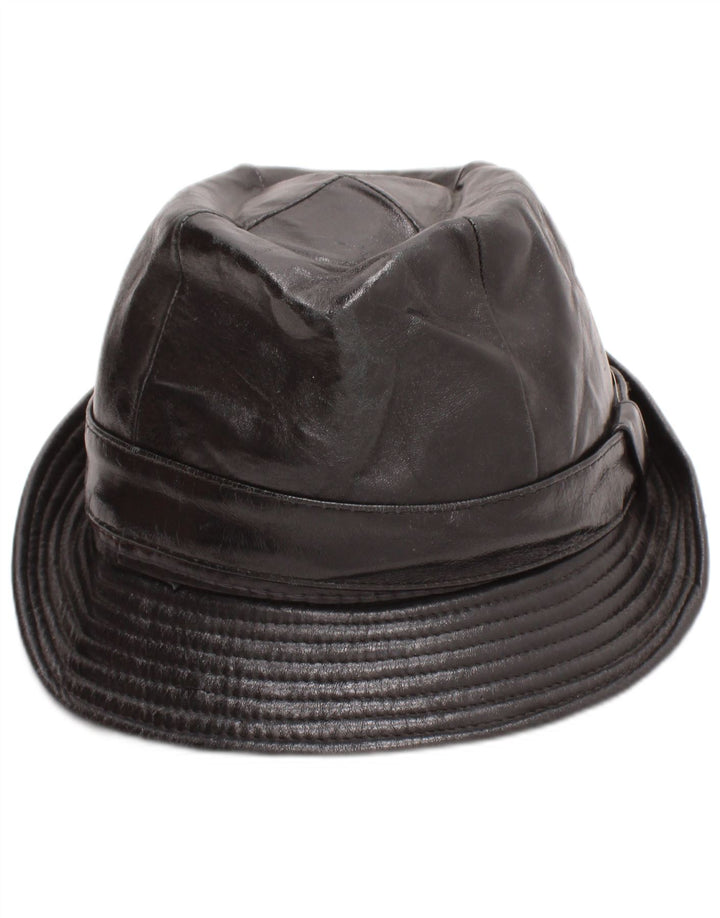 Chapéu Fedora de couro masculino vintage médio preto