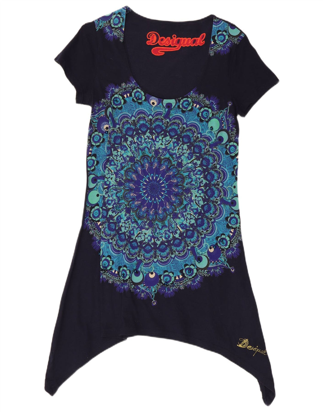 Top túnica assimétrica feminina Desigual Reino Unido 14 grande azul marinho floral