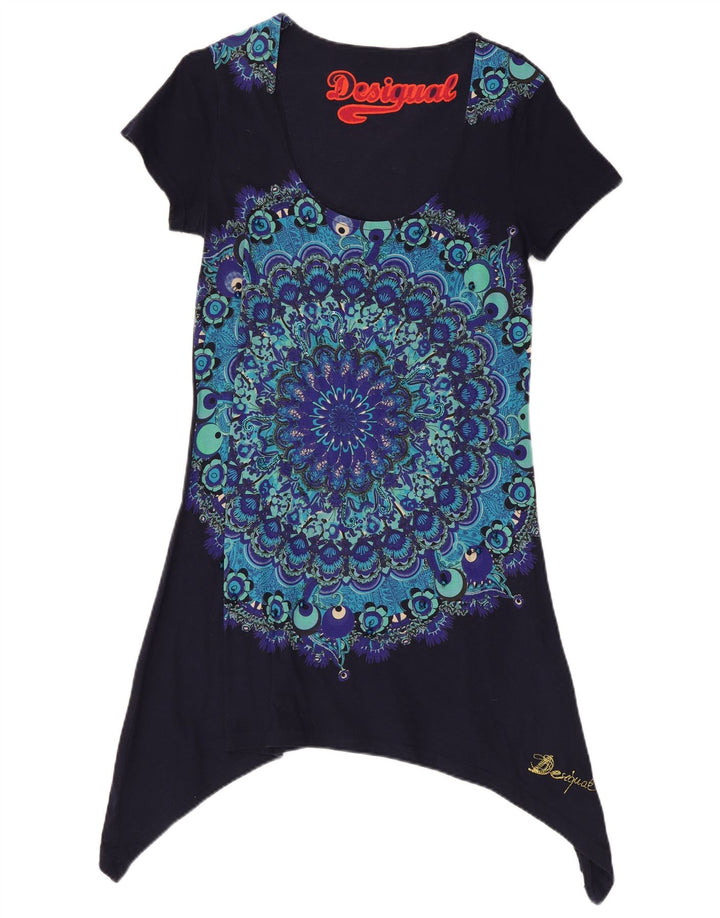 Top túnica assimétrica feminina Desigual Reino Unido 14 grande azul marinho floral