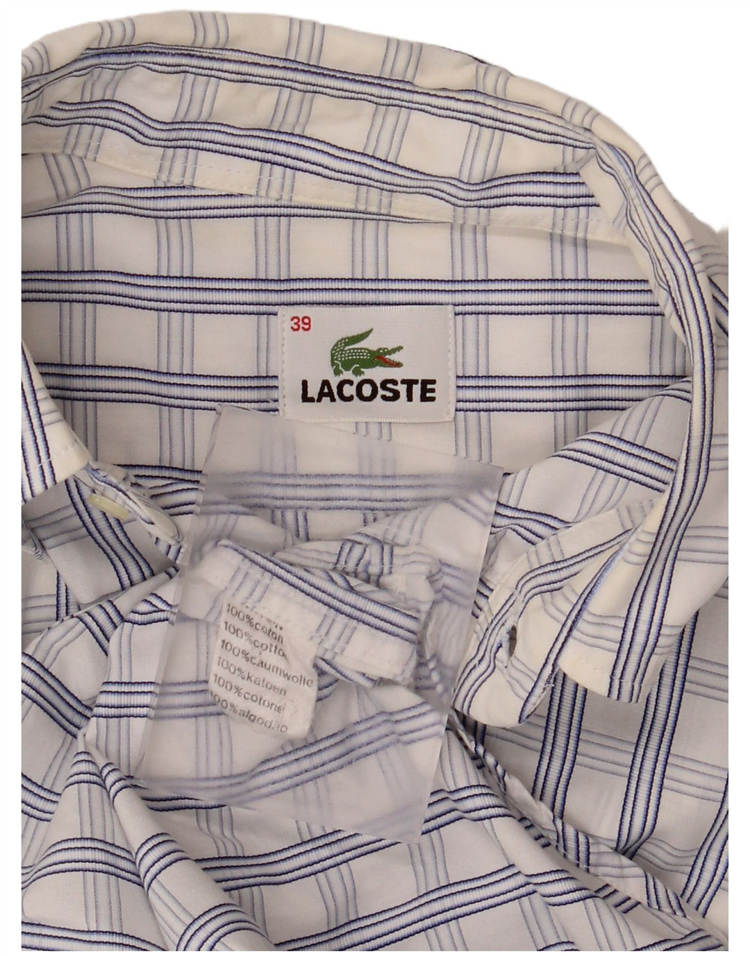 Lacoste camisa masculina de manga curta tamanho 39 médio branco xadrez algodão