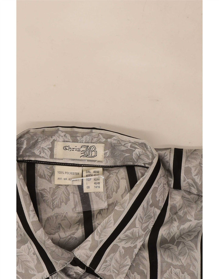 Blusa feminina vintage UK 14/16 poliéster listrado cinza grande