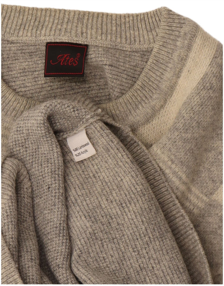 Suéter masculino vintage com gola redonda XL cinza xadrez lã de cordeiro